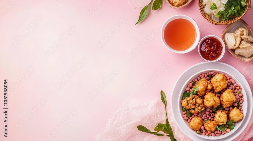 A bowl of Chinese dumplings with tea and dipping sauce on a pink background with copy space. A bowl of Chinese dumplings with tea and dipping sauce on a pink background with copy space.