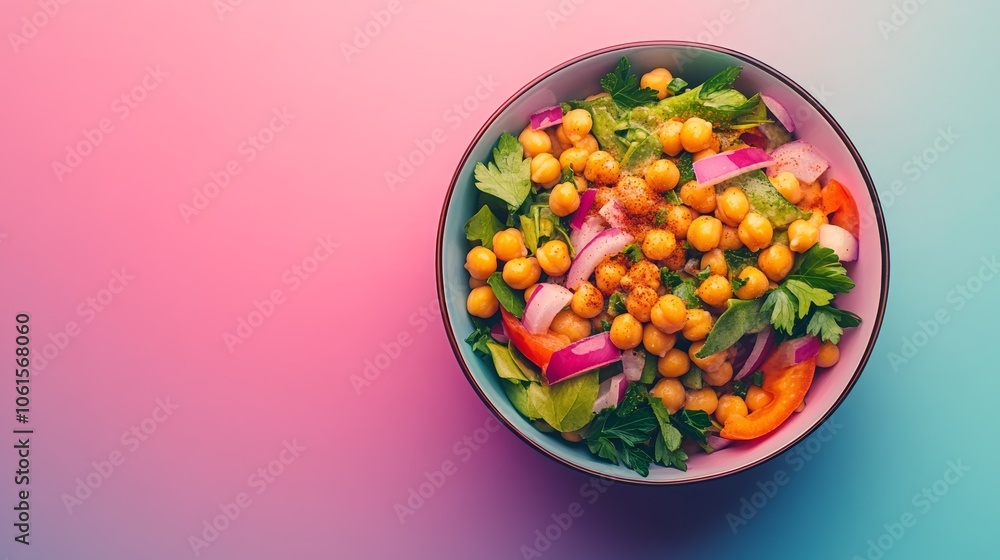 A bowl of chickpeas, tomatoes, red onion, and parsley on a colorful background. A bowl of chickpeas, tomatoes, red onion, and parsley on a colorful background.
