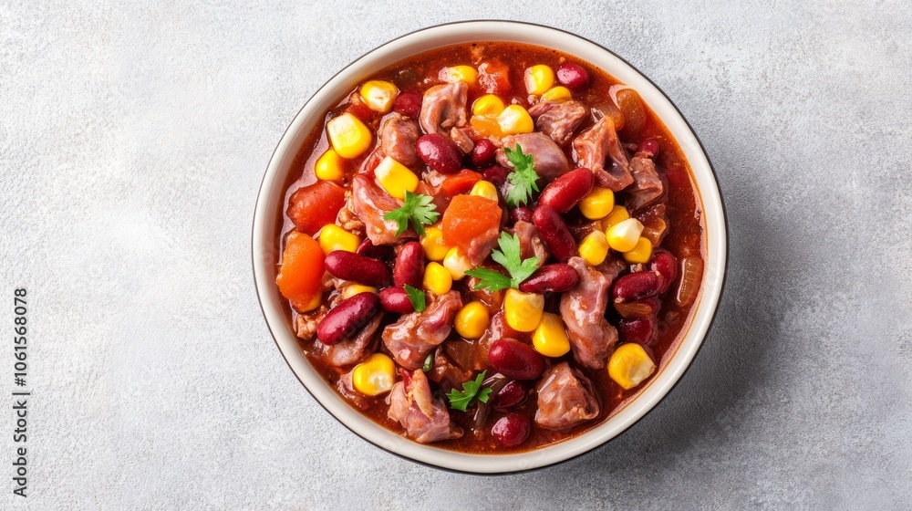 A bowl of chili with beans, corn, and meat, topped with fresh cilantro. A bowl of chili with beans, corn, and meat, topped with fresh cilantro.