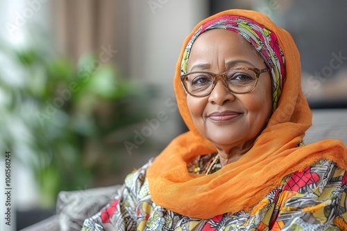 A joyful African grandmother radiates warmth and wisdom with her smile, dressed in a vibrant patterned dress and colorful headscarf. The sunlit living room creates a soft golden glow around her, enhan photo