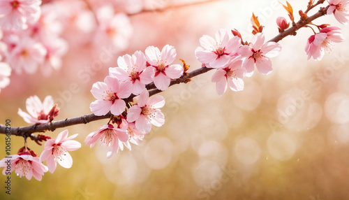 Horizontal banner with sakura flowers of pink color on sunny backdrop. Beautiful nature spring background with a branch of blooming sakura. Sakura blossoming season in Japan