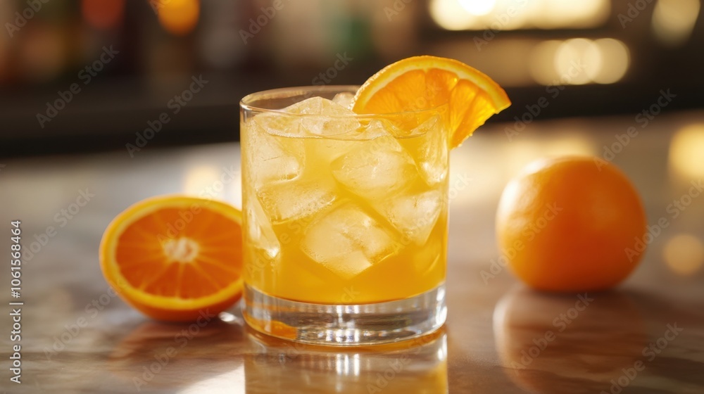 Glass of fresh orange juice, chilled and refreshing, with slices of orange on the side Glass of fresh orange juice, chilled and refreshing, with slices of orange on the side