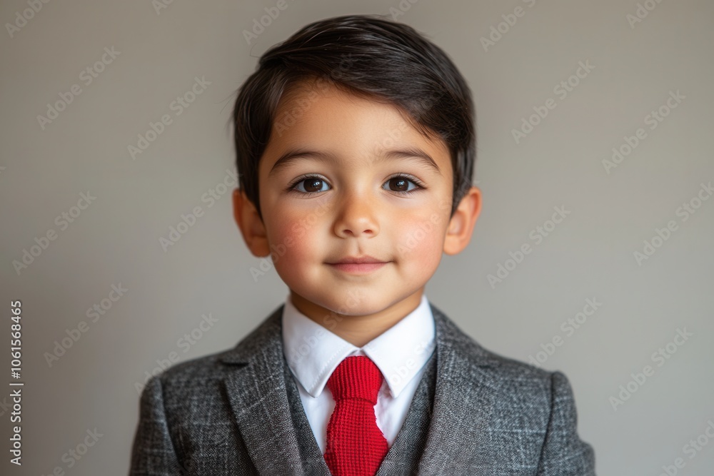 A 4 year old Hispanic boy stands confidently with his hands on his hips, dressed in a stylish gray suit and bright red tie. His slicked back hair adds to his charismatic look against a sleek, monochro A 4 year old Hispanic boy stands confidently with his hands on his hips, dressed in a stylish gray suit and bright red tie. His slicked back hair adds to his charismatic look against a sleek, monochro