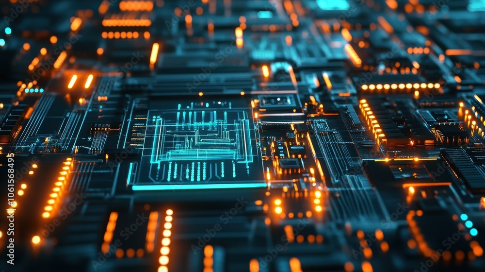 Abstract futuristic circuit board with glowing blue and orange lines.