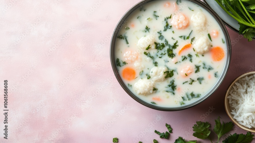 A bowl of creamy cauliflower soup with carrots and parsley, served with a side of rice. A bowl of creamy cauliflower soup with carrots and parsley, served with a side of rice.