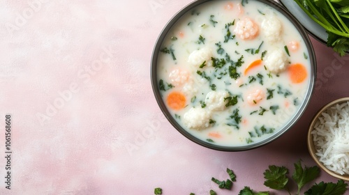 A bowl of creamy cauliflower soup with carrots and parsley, served with a side of rice.