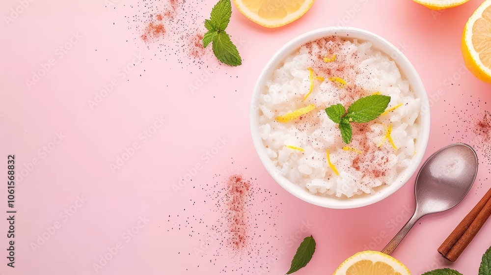 A bowl of creamy rice pudding garnished with lemon zest and mint leaves on a pink background with scattered cinnamon and lemon slices. A bowl of creamy rice pudding garnished with lemon zest and mint leaves on a pink background with scattered cinnamon and lemon slices.