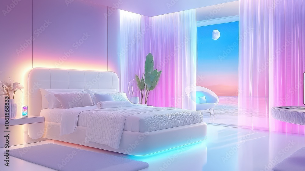 An elegantly designed bedroom with smart curtains that open and close automatically, along with mood lighting controlled by a smartphone app, creating a serene atmosphere. An elegantly designed bedroom with smart curtains that open and close automatically, along with mood lighting controlled by a smartphone app, creating a serene atmosphere.