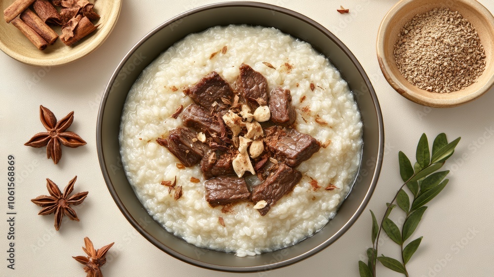 A bowl of creamy rice porridge topped with savory beef pieces and garnished with star anise, cinnamon, and nuts. A bowl of creamy rice porridge topped with savory beef pieces and garnished with star anise, cinnamon, and nuts.