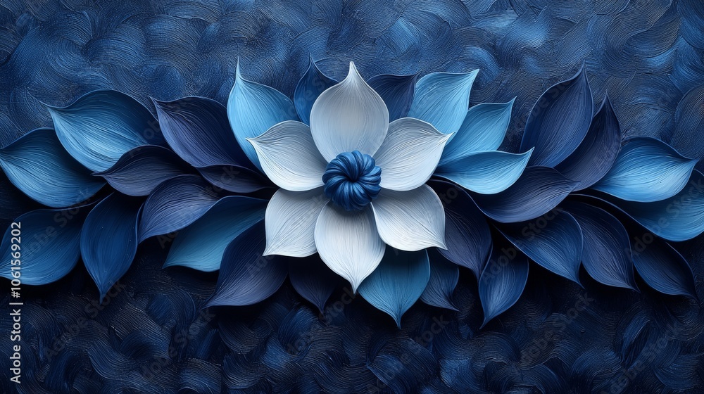 A textured blue floral design featuring layered petals and a central flower. A textured blue floral design featuring layered petals and a central flower.