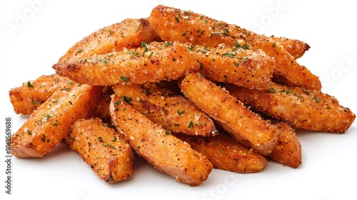 Roasted Sweet Potato Wedges on Cream BackgroundA pile of roasted sweet potato wedges sprinkled with herbs, set on a soft cream background for a healthy side or snack.