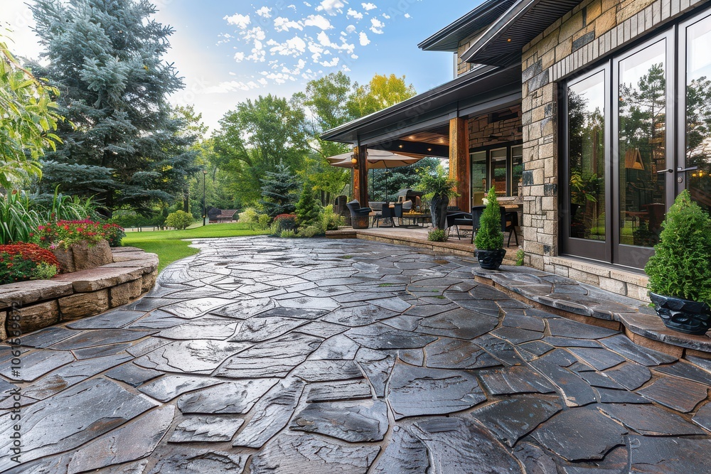 Wet stamped concrete patio resembling flagstone, enhancing outdoor spaces with durable and stylish design.