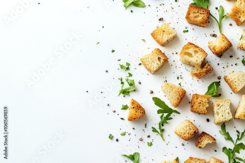 Pile of crumbled crout bread and fresh basil leaves on white surface. photo