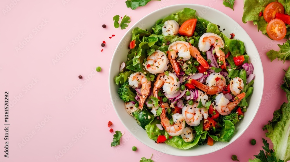 A bowl of fresh shrimp salad with mixed greens, tomatoes, red onion, and black sesame seeds on a pink background. A bowl of fresh shrimp salad with mixed greens, tomatoes, red onion, and black sesame seeds on a pink background.