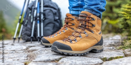 A pair of durable hiking boots rests on a stone cobblestone path at a mountain summit. A large backpack and Nordic walking sticks sit nearby, highlighted by bright noon sunlight and the intricate deta photo