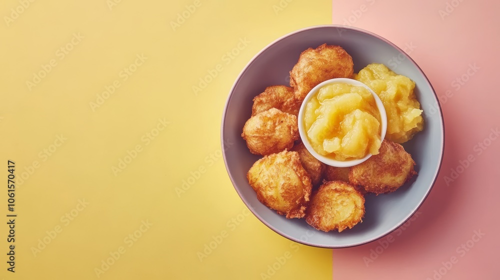 A bowl of fried dough balls served with apple sauce on a yellow and pink background.