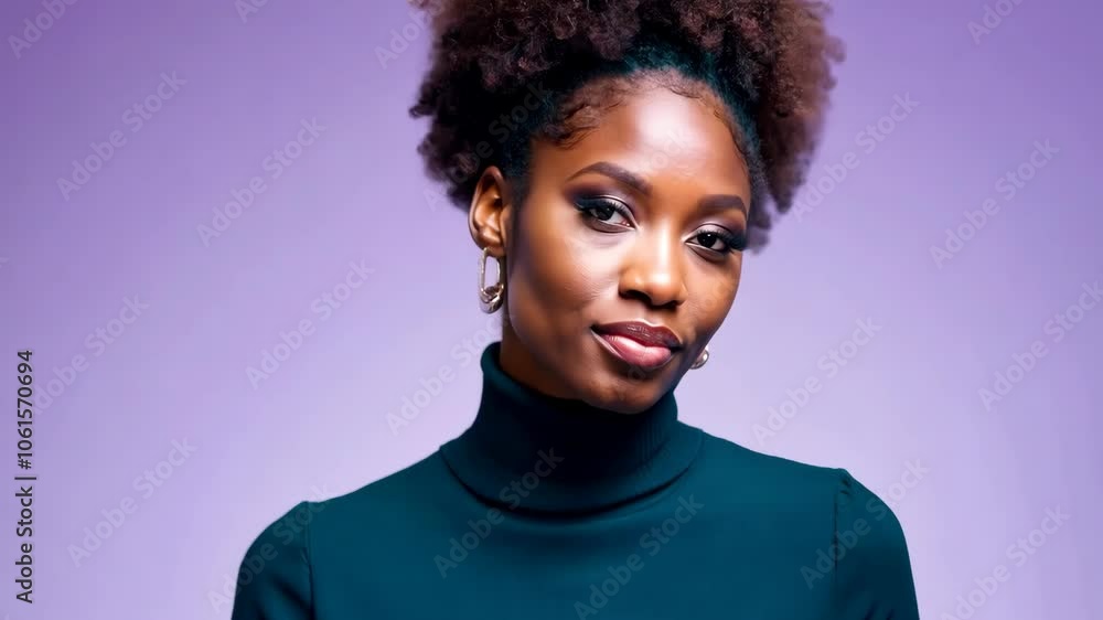Confident portrait of a woman in elegance against a vibrant purple background Confident portrait of a woman in elegance against a vibrant purple background