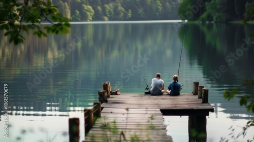 A father and son sit together fishing on a rustic wooden dock, enjoying a tranquil lake surrounded by lush forest under a calm, reflective sky.