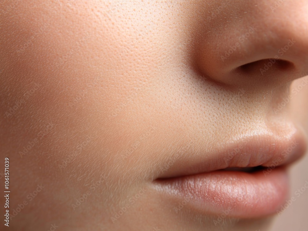 Fototapeta premium Close-up of a human face focusing on skin texture and lips.