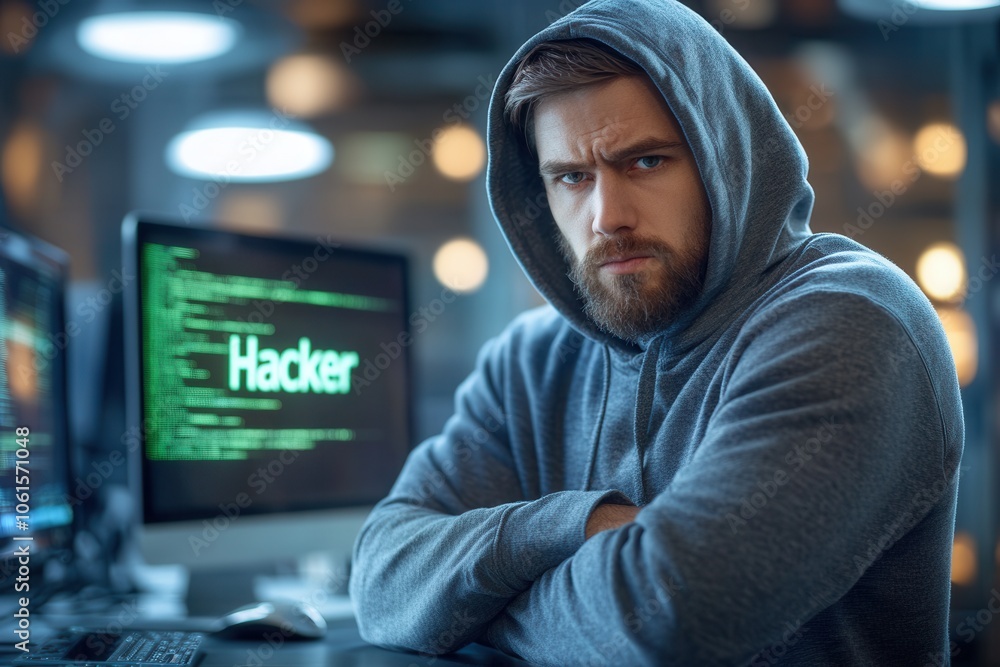 A figure in a hoodie stands in a dimly lit room, illuminated by glowing screens displaying cascading green code. The atmosphere feels charged with mystery and echoes the digital underworld theme of ha A figure in a hoodie stands in a dimly lit room, illuminated by glowing screens displaying cascading green code. The atmosphere feels charged with mystery and echoes the digital underworld theme of ha