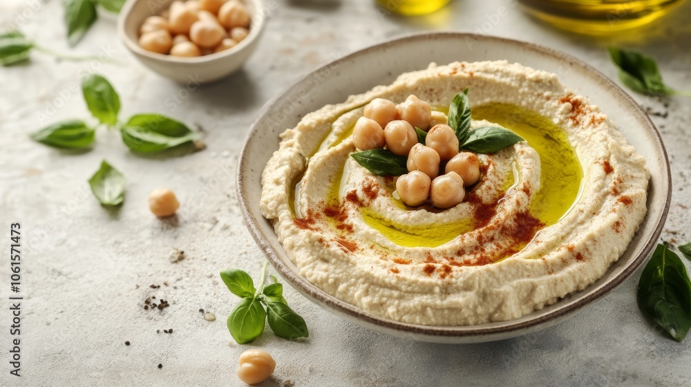 A bowl of hummus topped with olive oil, paprika, chickpeas and basil leaves. A bowl of hummus topped with olive oil, paprika, chickpeas and basil leaves.