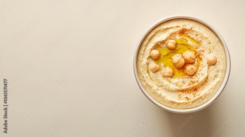 A bowl of hummus topped with chickpeas, olive oil, and paprika, on a beige background. A bowl of hummus topped with chickpeas, olive oil, and paprika, on a beige background.