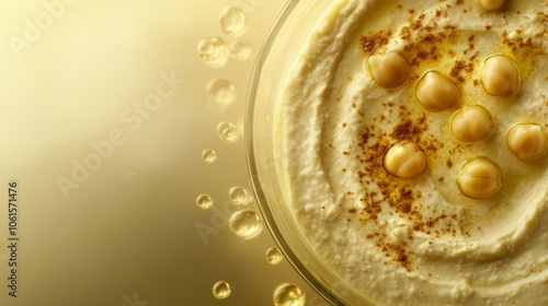 A bowl of hummus topped with chickpeas and olive oil, with a golden background.