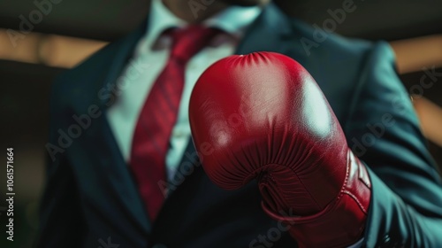 A businessman wearing a suit holds red boxing gloves, showcasing a bold contrast against a blurred urban background.