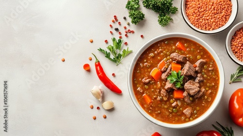 Wallpaper Mural A bowl of lentil soup with beef, carrots and parsley, with various ingredients around it, on a white background. Torontodigital.ca