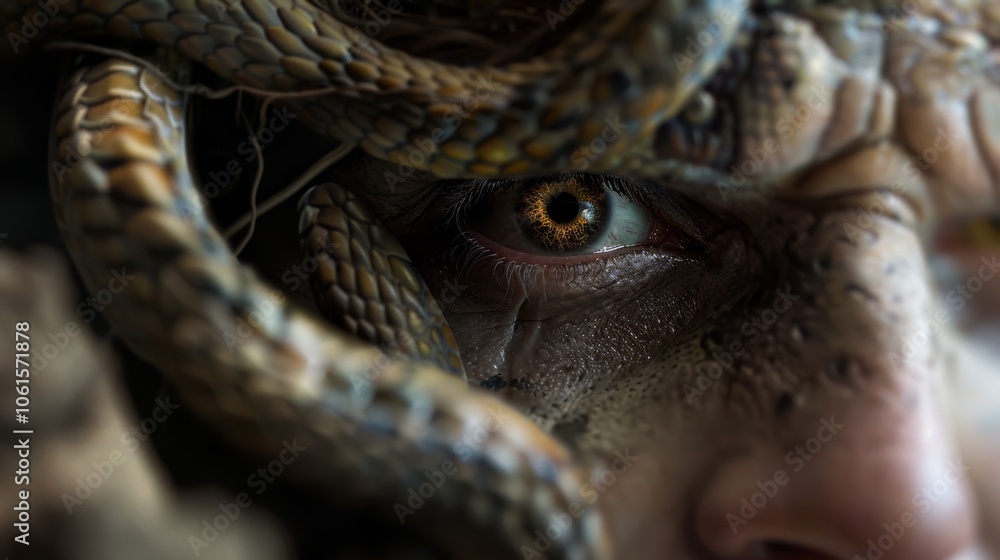 Fototapeta premium Intense eye peeks through a twisting mass of serpents, creating a dramatic and hauntingly powerful visual of nature intertwined with mystery.