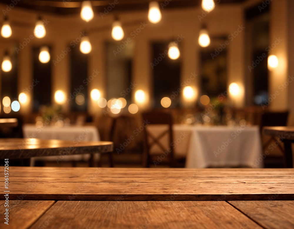 Empty wooden table top with lights bokeh on blur restaurant background. Empty wooden table top with lights bokeh on blur restaurant background.