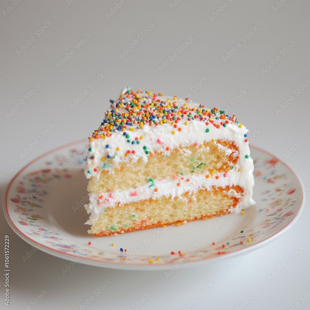 Homemade Birthday Cake Slice with Colorful Sprinkles on Vintage Saucer Homemade Birthday Cake Slice with Colorful Sprinkles on Vintage Saucer