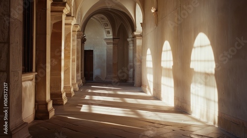 Sunlight casts intricate shadows through arches of a monastery corridor, filled with warmth and reflecting centuries of serene contemplation and solitude.