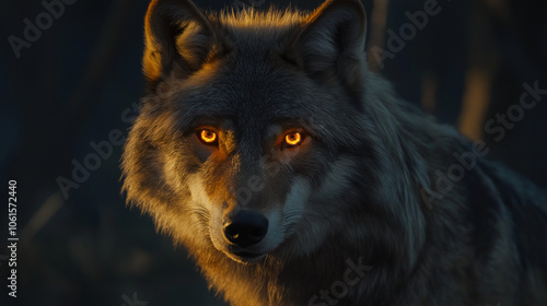 Close-Up Portrait of a Wolf with Glowing Eyes