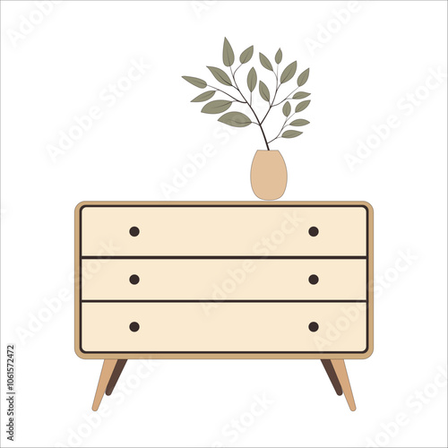 Contemporary ladies' chest of drawers with flowers in a vase. Commode modern. Bedroom interior in a flat style. Furniture for the bedroom and living room. Vector illustration