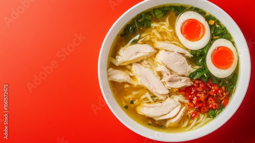 A bowl of ramen noodles with chicken, eggs, and chili peppers on a red background.