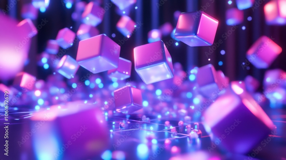Abstract 3D render of glowing pink and blue cubes with bokeh lights falling on a dark surface. Abstract 3D render of glowing pink and blue cubes with bokeh lights falling on a dark surface.