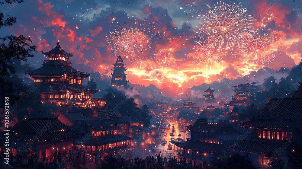 Fototapeta premium Night city with fireworks, beautiful night cityscape illuminated by fireworks.