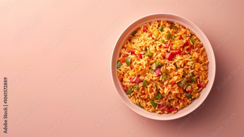 A bowl of rice with bell peppers and tomatoes on a pink background. A bowl of rice with bell peppers and tomatoes on a pink background.