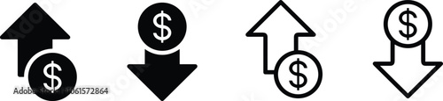 Set of price symbol dollar increase and decrease icon. Dollar coin graph up and down. Money cost arrow growth, decline. Currency investment.