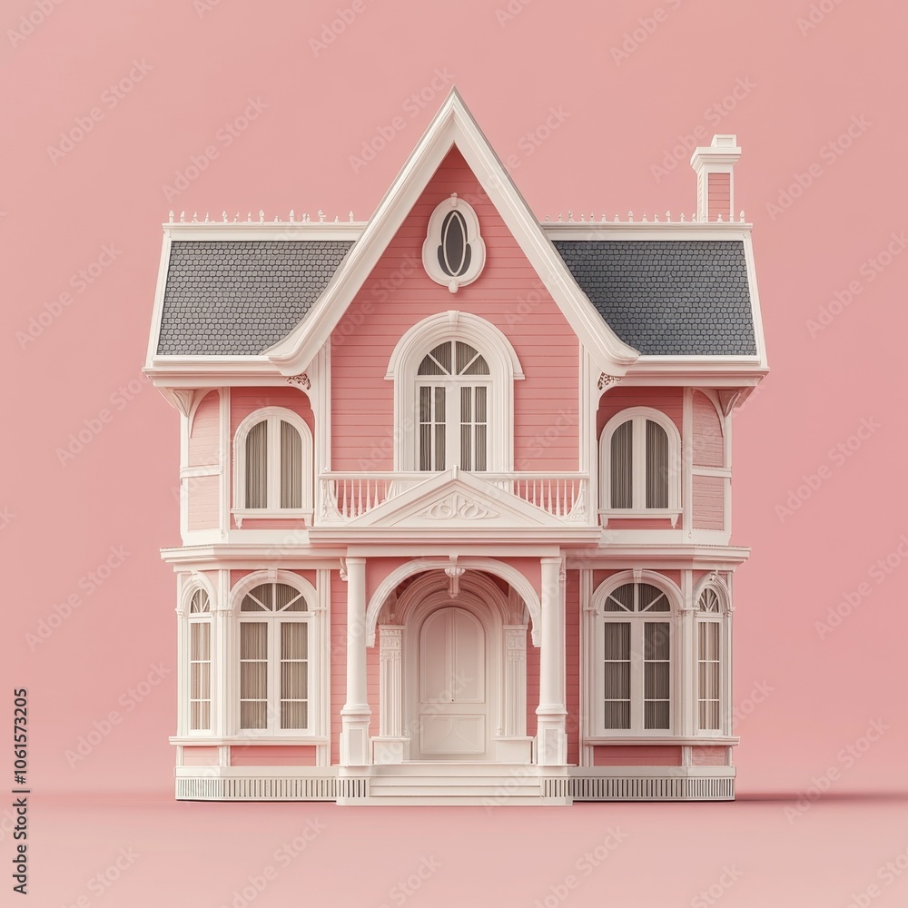 Charming Pink Victorian Dollhouse on a Pastel Background Charming Pink Victorian Dollhouse on a Pastel Background