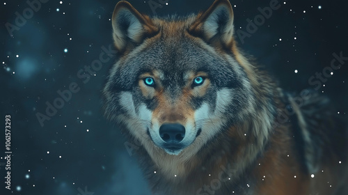 Artistic Rendering of a Wolf with Bright Blue Eyes Against a Starry Background