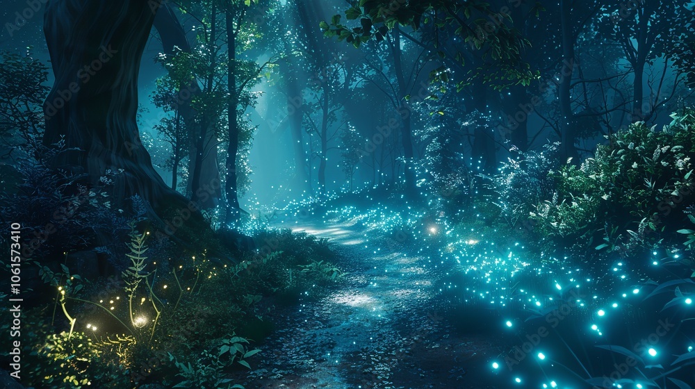 Bioluminescent Forest Pathway Lighting Up with Natural Light Bioluminescent Forest Pathway Lighting Up with Natural Light