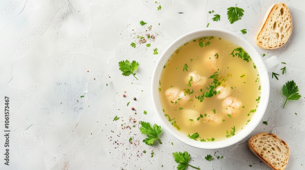 A bowl of shrimp soup with parsley and toasted bread on a white background. A bowl of shrimp soup with parsley and toasted bread on a white background.
