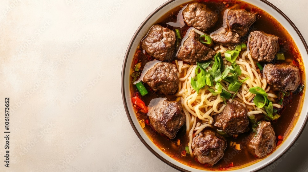 A bowl of steaming beef noodle soup with green onions on a white background. A bowl of steaming beef noodle soup with green onions on a white background.