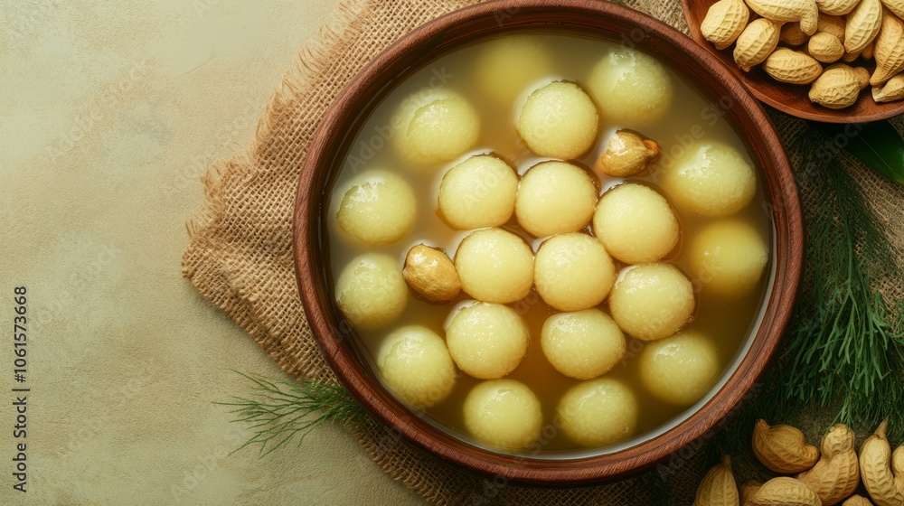 A bowl of sweet, round, yellow, Indian dessert balls, rasgulla, in a brown bowl with nuts and garnish in the background. A bowl of sweet, round, yellow, Indian dessert balls, rasgulla, in a brown bowl with nuts and garnish in the background.