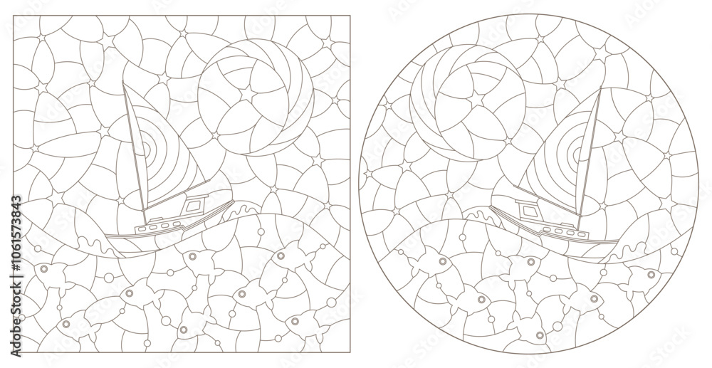 Set of contour illustrations of stained glass windows with sailboats on a background of wind and sky, dark contours on a white background Set of contour illustrations of stained glass windows with sailboats on a background of wind and sky, dark contours on a white background