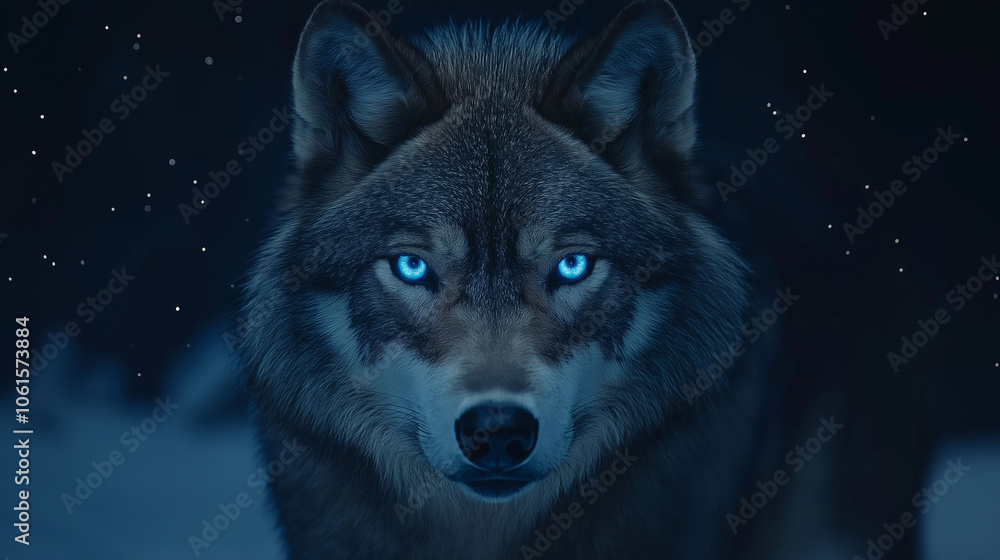 Wolf with Bright Blue Eyes Against a Starry Background Wolf with Bright Blue Eyes Against a Starry Background