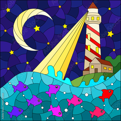 Stained glass illustration with a seascape, a lighthouse against the background of the night sky and water