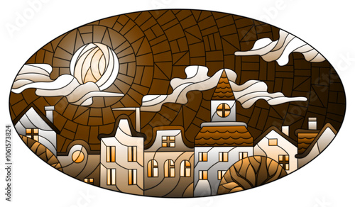 An illustration in the style of stained glass with city roofs against the night sky, oval image, tone brown